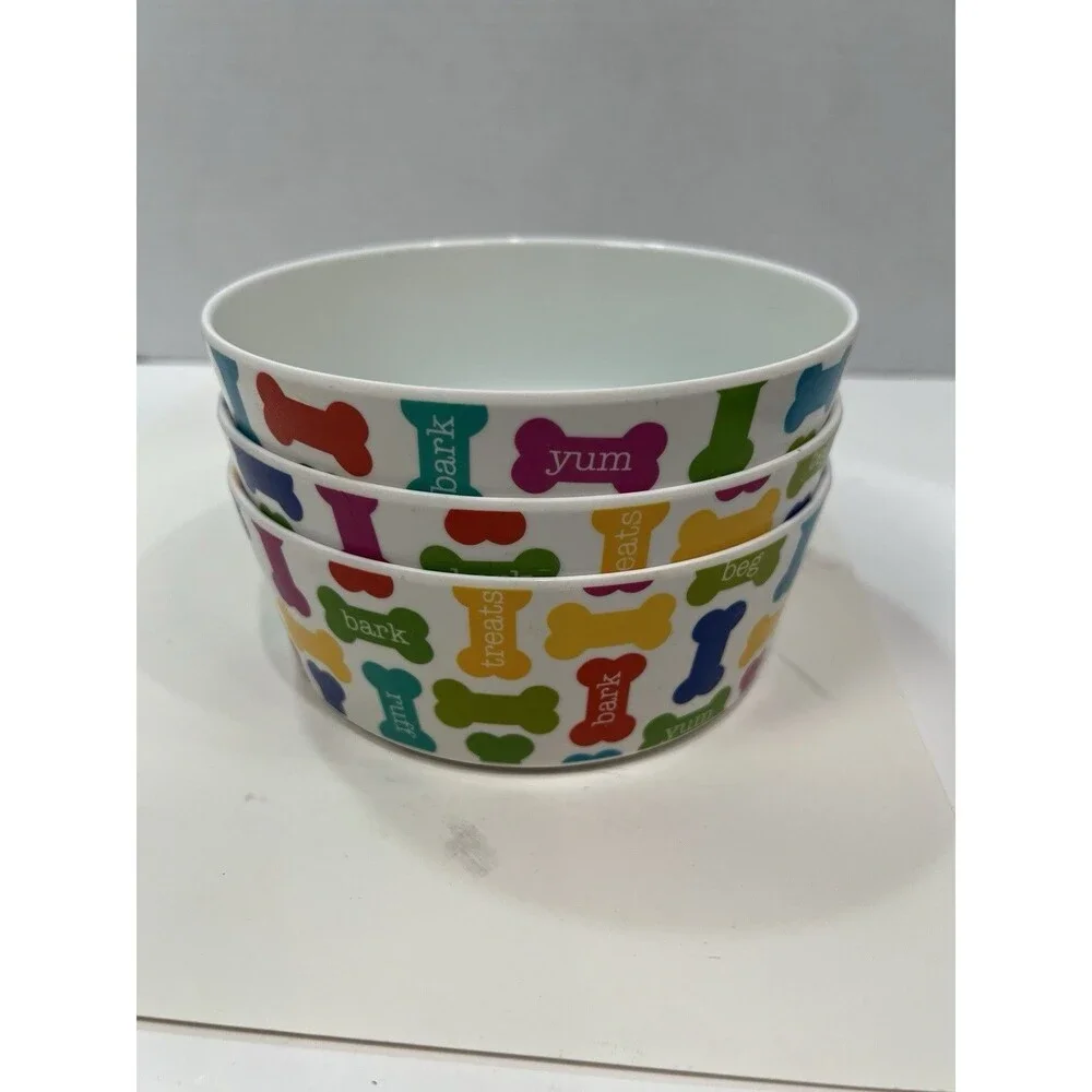 Dog Pet Bowls 3 Medium Colorful bones “Yum” Design Melamine Plastic